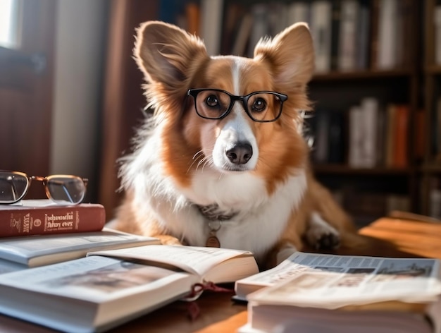 Slimme Corgi-hond met bril leest een generatieve Ai van een boekboekliefhebberdag