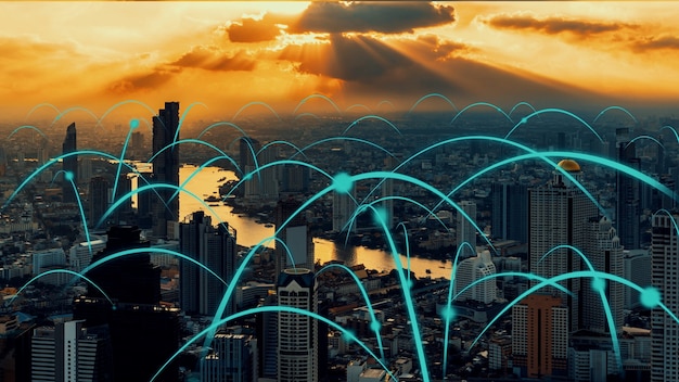 Slimme digitale stad met globaliserings abstracte afbeelding die verbindingsnetwerk toont