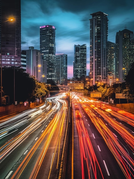 Slimme digitale stad met snelle lichtspoor van auto's van digitale gegevensoverdracht
