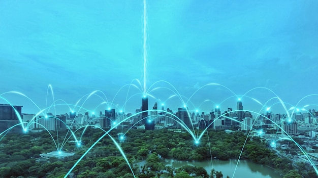 Foto slimme digitale stad met verbinding netwerk wederkerigheid over het stadsbeeld