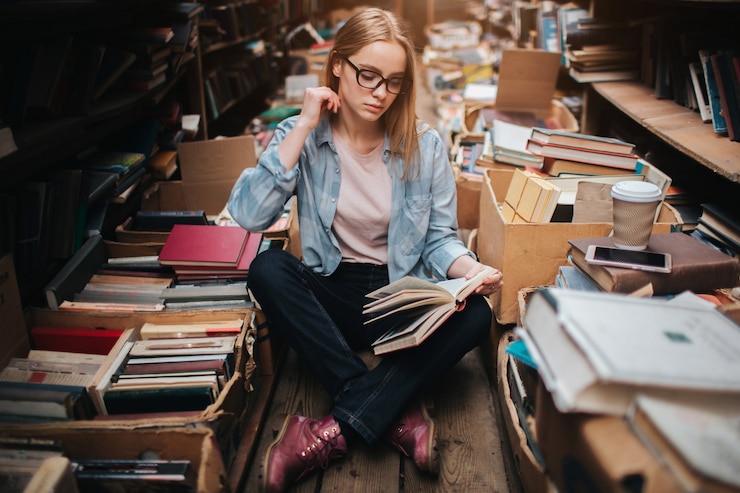 Foto slimme en slimme student zit op de vloer met haar benen gekruist en leest een boek heel voorzichtig. ze zoekt daar wat informatie. jonge vrouw ziet er serieus en geconcentreerd uit.