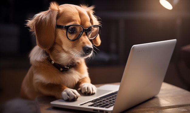 Foto slimme hond in een bril die aan een laptop werkt realistische foto