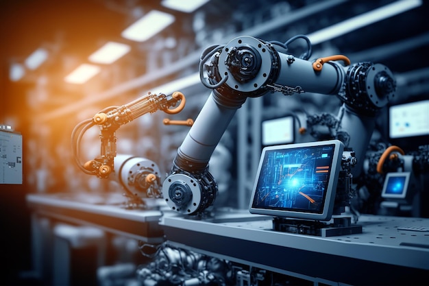 Foto slimme industriële robotarm voor de automatiseringstechnologie van het productieproces in de fabriek iot generative ai