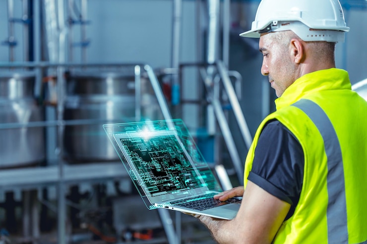 Foto slimme ingenieur die software op laptop gebruikt om het controlesysteem van de ketelpijpklep in de fabriek te controleren