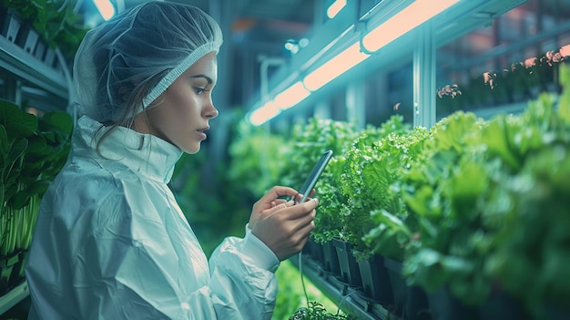 Slimme jonge boer met een tablet om biologische groenten in de kas te controleren Slimme boerderij