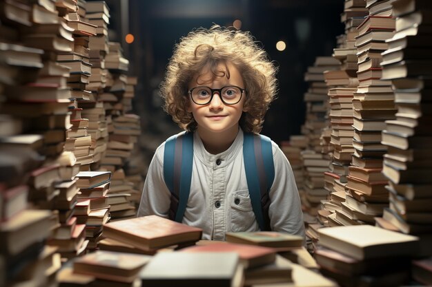 Foto slimme jongen omringd door boeken leren en onderwijs concept generative ai