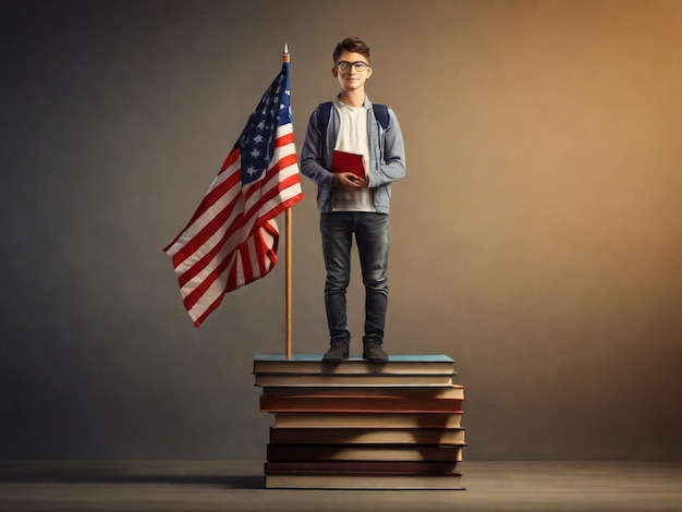 Slimme man student die op boeken staat stapel met vlag zelf leren persoonlijke verbetering kennis verkrijgen educatieve prestaties