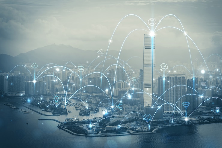Foto slimme stad en communicatienetwerkconcept. iot (internet of things). ict (information communication network).