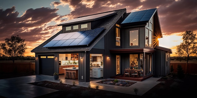 Slimme woning met energiezuinige apparaten en zonnepanelen op het dak Generatieve AI