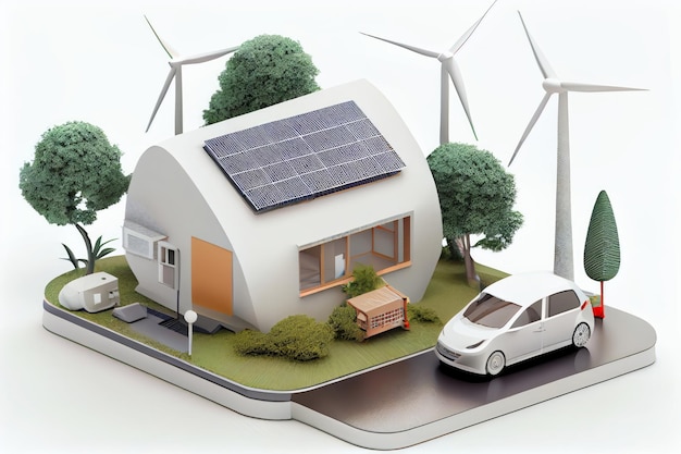 Slimme woning met zonnepanelen en windturbines Generatieve AI illustratie