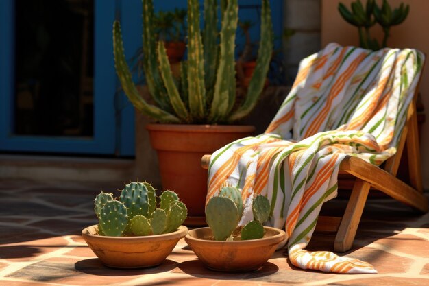 Foto slippers rusten in de buurt van een pot cactus op een terras in de zon gecreëerd met generatieve ai