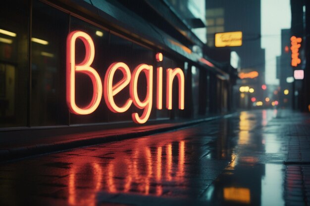 Foto slogan begin neon licht teken tekst effect op een regenachtige nacht straat horizontale compositie