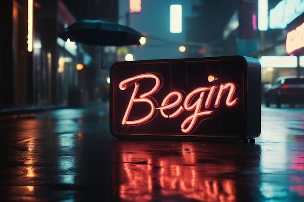 Slogan begin neon licht teken tekst effect op een regenachtige nacht straat horizontale compositie