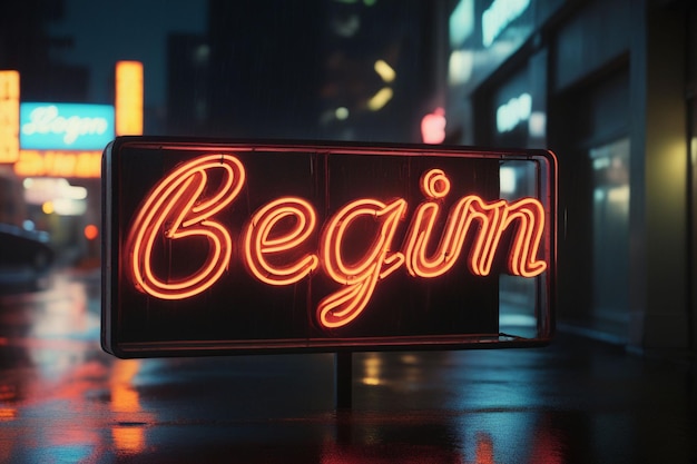 Slogan begin neon light sign text effect on a rainy night street horizontal composition