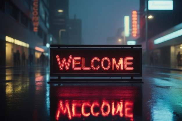 Слоган приветствует неонный световой знак текстовый эффект на дождливой ночной улице горизонтальной композиции