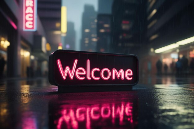 Photo slogan welcome neon light sign text effect on a rainy night street horizontal composition