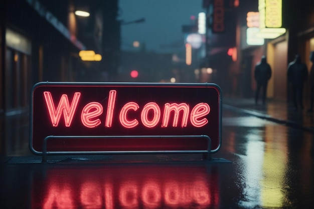 Slogan welcome neon light sign text effect on a rainy night street horizontal composition