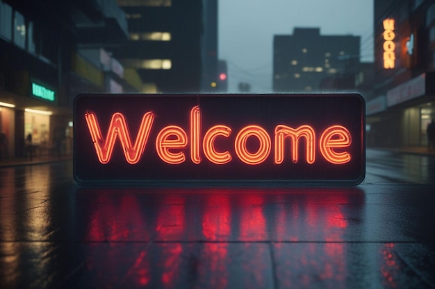 Slogan welcome neon light sign text effect on a rainy night street horizontal composition