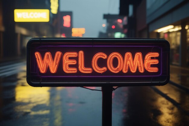 Slogan welcome neon light sign text effect on a rainy night street horizontal composition