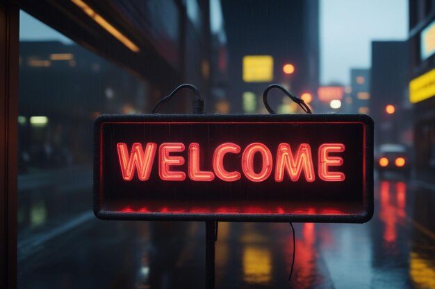 Photo slogan welcome neon light sign text effect on a rainy night street horizontal composition