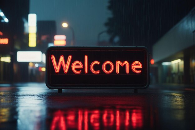 雨の夜のストリートの横の構成にスローガンの迎ネオンライトサインのテキスト効果