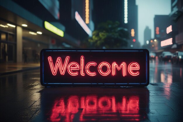 Slogan welcome neon light sign text effect on a rainy night street horizontal composition