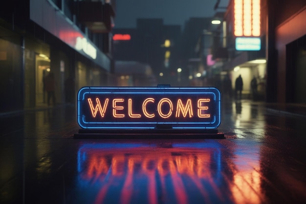 Slogan welcome neon light sign text effect on a rainy night street horizontal composition