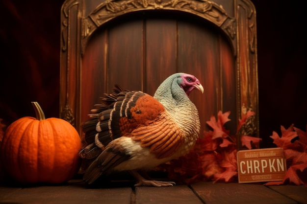 Slok de Thanksgiving Closure op met een feestelijke kalkoen op een pompoen en herfstbladeren.