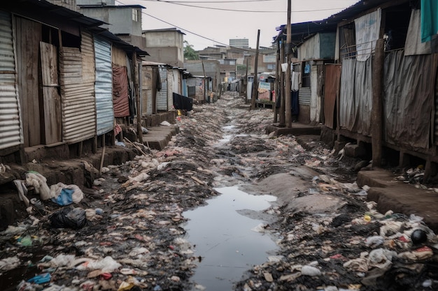 Sloppenwijkgemeenschap met zwerfvuil en afval dat de grond bedekt