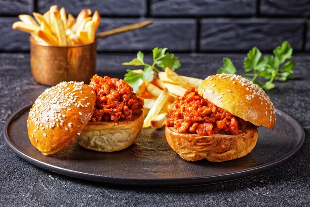 Sloppy Joe sandwiches met frietjes op een zwarte plaat met een bakstenen muur op de achtergrond, close-up, Amerikaanse keuken