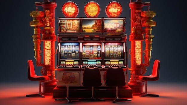 Photo slot machine in a casino slot machine hall lottery bets of victory and defeat money chips excitement and risk