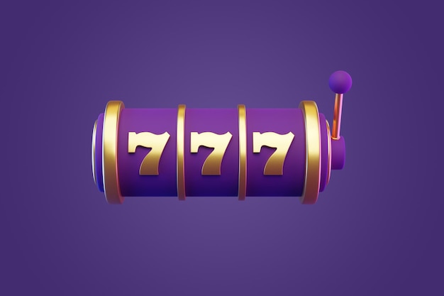 Photo slot machine on a purple background lucky seven symbol casino concept 3d render illustration