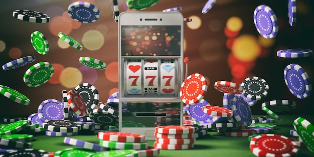 Photo slot machine on a smartphone screen poker chips and abstract background 3d illustration