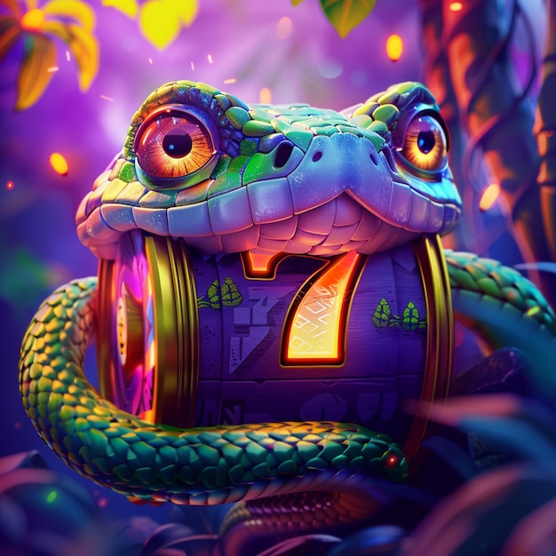 slot machine with number seven and snake under neon lighting