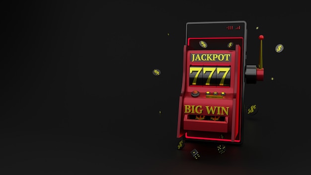 Slot machine with smartphone and chips with dice surrounded on black background, Online casino concept.