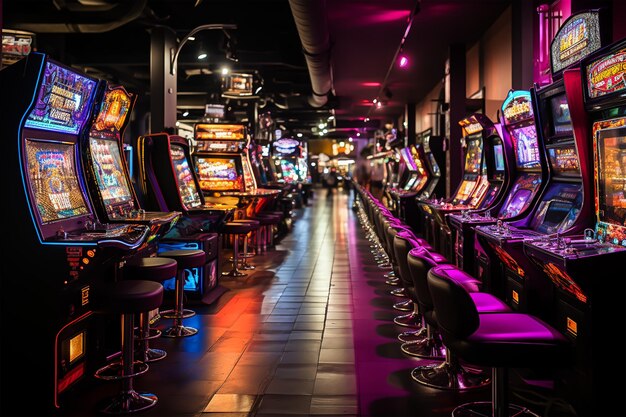 Slot machines in a casino with a neon sign in the background