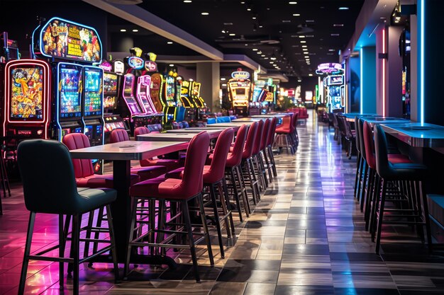 Slot machines in a casino with a neon sign in the background