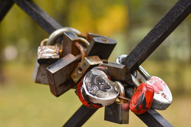 Sloten in de vorm van een hart hangen aan het hek van de brug, een symbool van liefde en loyaliteit