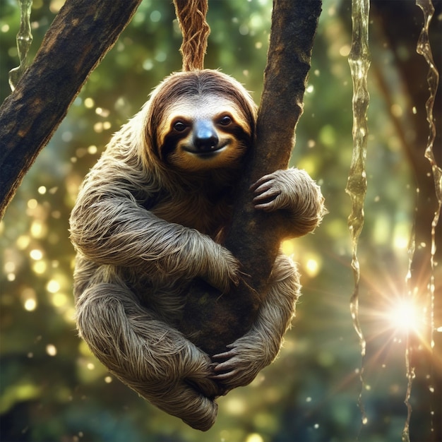 Sloth Animal photo very realistic 4k hanging from a tree background forest broken glass