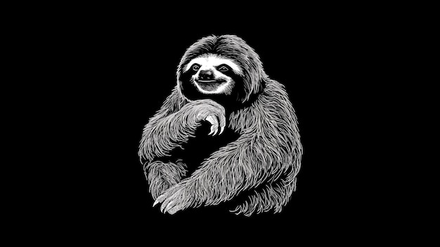 Sloth on a black background Black and white illustration