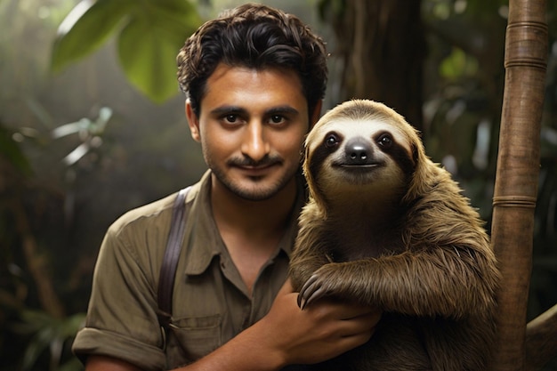 Photo sloth brown sloth sloth with his keeper sloth in nature sloth keeper zoo keeper holding a sloth