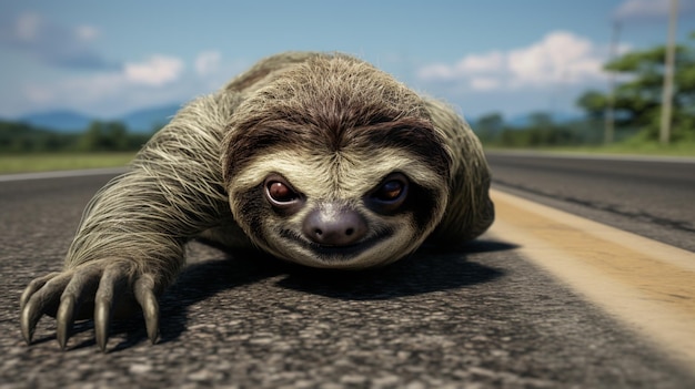 Sloth crawling on the highway