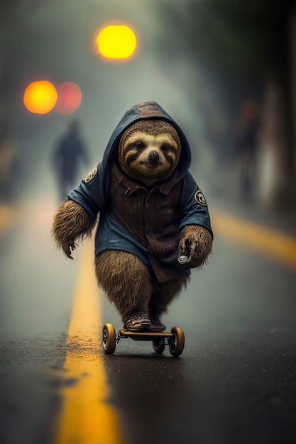 Sloth downhill skateboarding in the fog Generated by AI