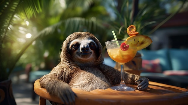 A sloth drinking a cocktail in a pool