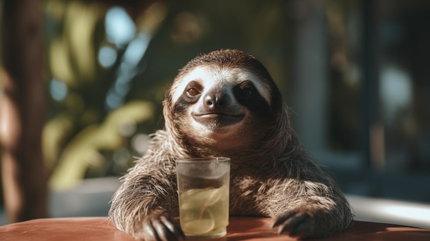 Ленивец пьет стакан лимонада