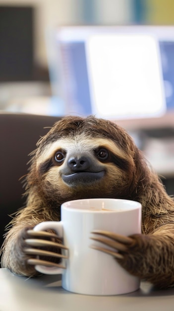 Photo a sloth enjoying a cup of coffee on a table in a wildlife event