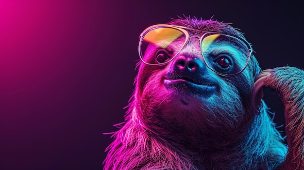 Ленивец в модных очках Студийный неоновый свет Роскошный домашний ленивец в очках Генеративный Ай