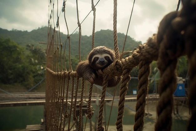 Sloth hanging on a rope of suspension bridge Generative AI