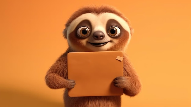 A sloth holding a tablet in front of a orange background