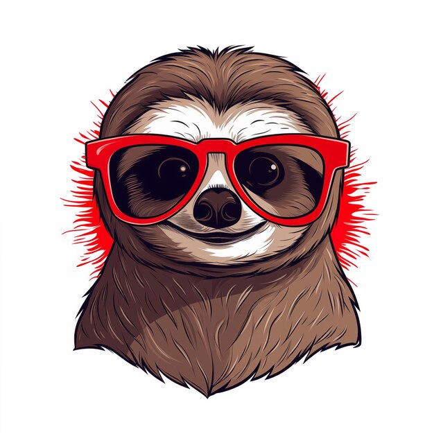 Photo sloth illustration of a cute cartoon sloth with a red heart and red rose wearing sunglasses